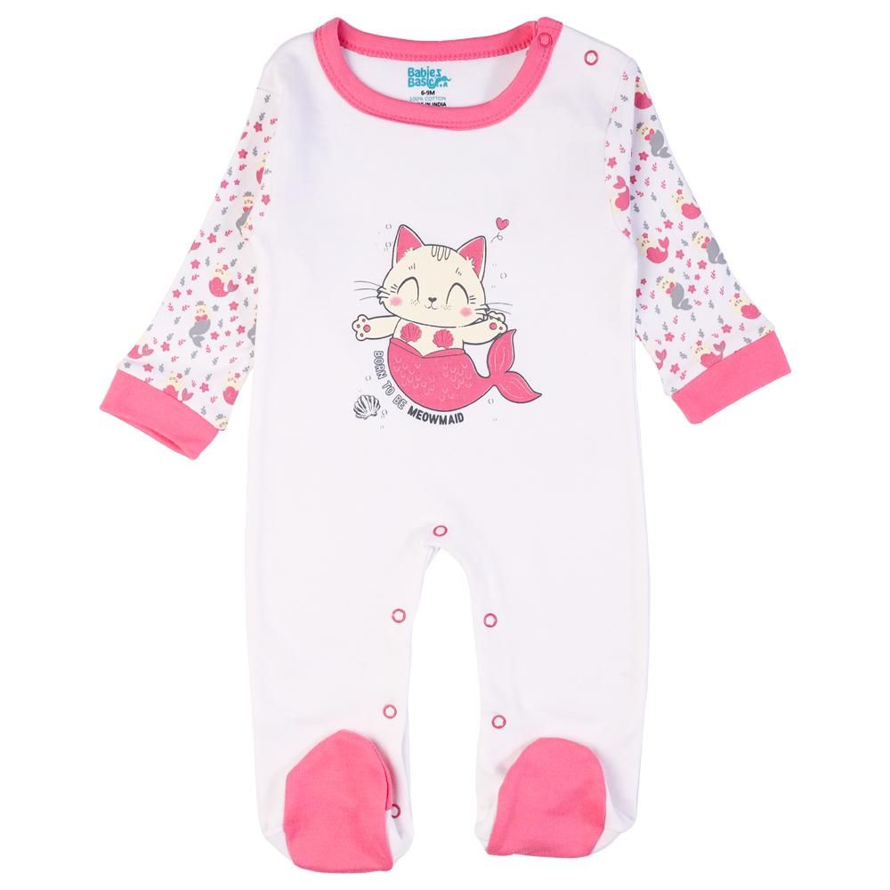 Babies Basic - 5pc Set - Bib, Romper, Mittens, Cap & Jumpsuit - Meowmaid - Pink