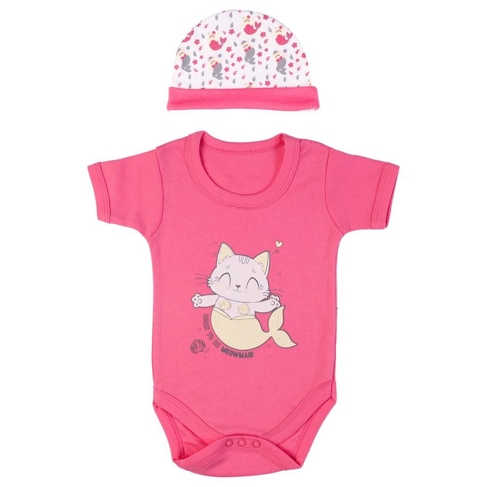 Babies Basic - 5pc Set - Bib, Romper, Mittens, Cap & Jumpsuit - Meowmaid - Pink