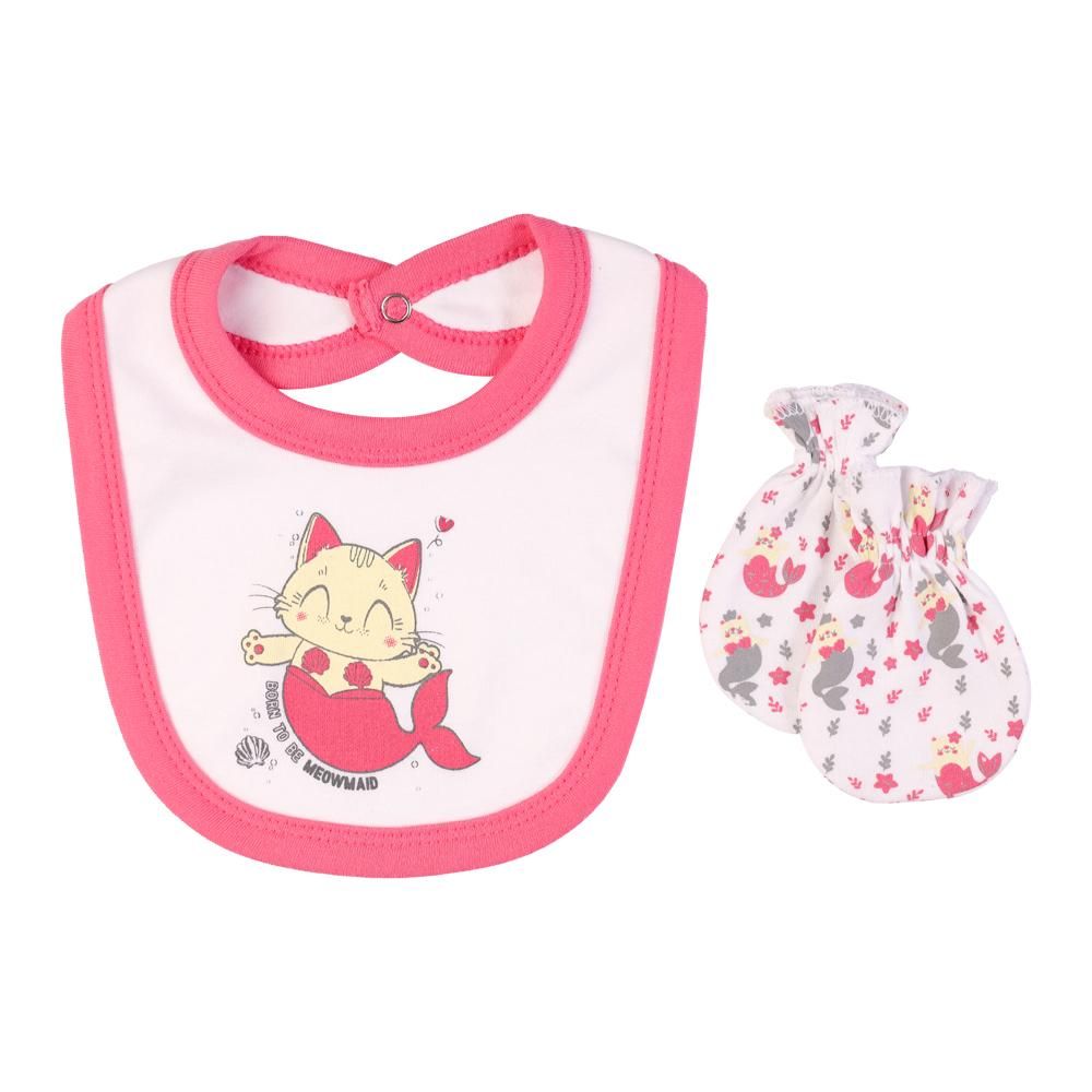 Babies Basic - 5pc Set - Bib, Romper, Mittens, Cap & Jumpsuit - Meowmaid - Pink