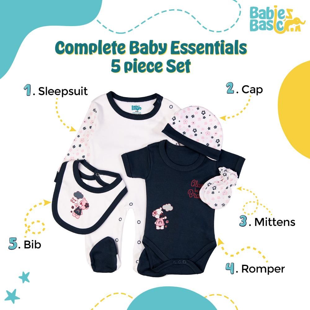 Babies Basic - 5pc Set - Bib, Romper, Mittens, Cap & Jumpsuit - Always Be Brave - Navy Blue