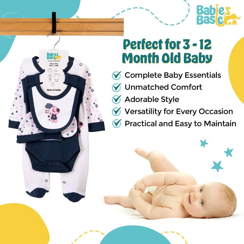 Babies Basic - 5pc Set - Bib, Romper, Mittens, Cap & Jumpsuit - Always Be Brave - Navy Blue