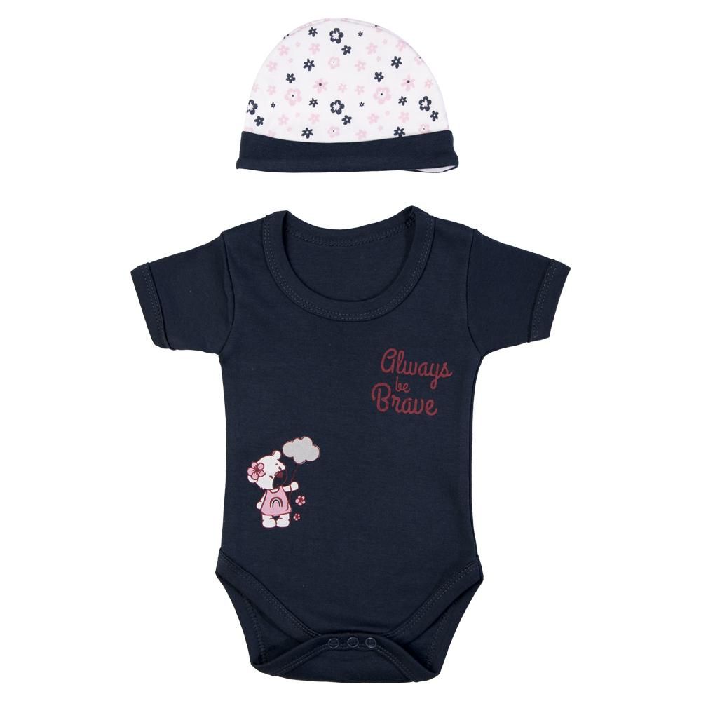 Babies Basic - 5pc Set - Bib, Romper, Mittens, Cap & Jumpsuit - Always Be Brave - Navy Blue