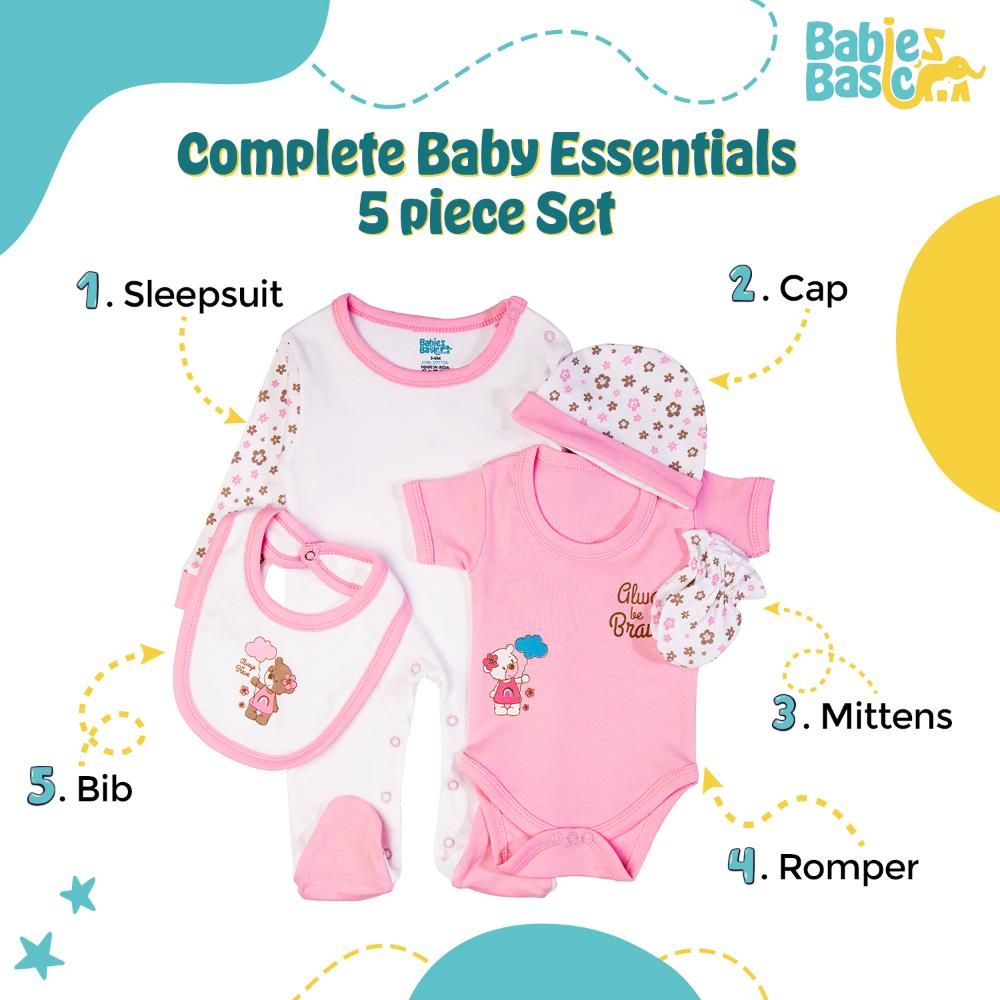 Babies Basic - 5pc Set - Bib, Romper, Mittens, Cap & Jumpsuit - Always Be Brave - Pink