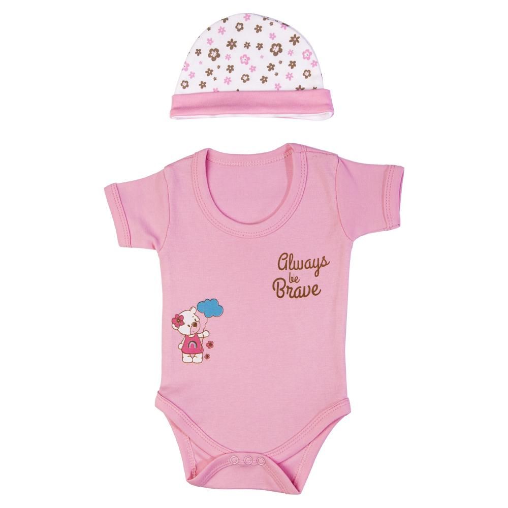 Babies Basic - 5pc Set - Bib, Romper, Mittens, Cap & Jumpsuit - Always Be Brave - Pink