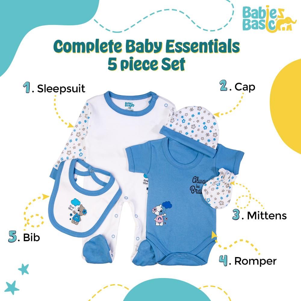 Babies Basic - 5pc Set - Bib, Romper, Mittens, Cap & Jumpsuit - Always Be Brave - Sky Blue