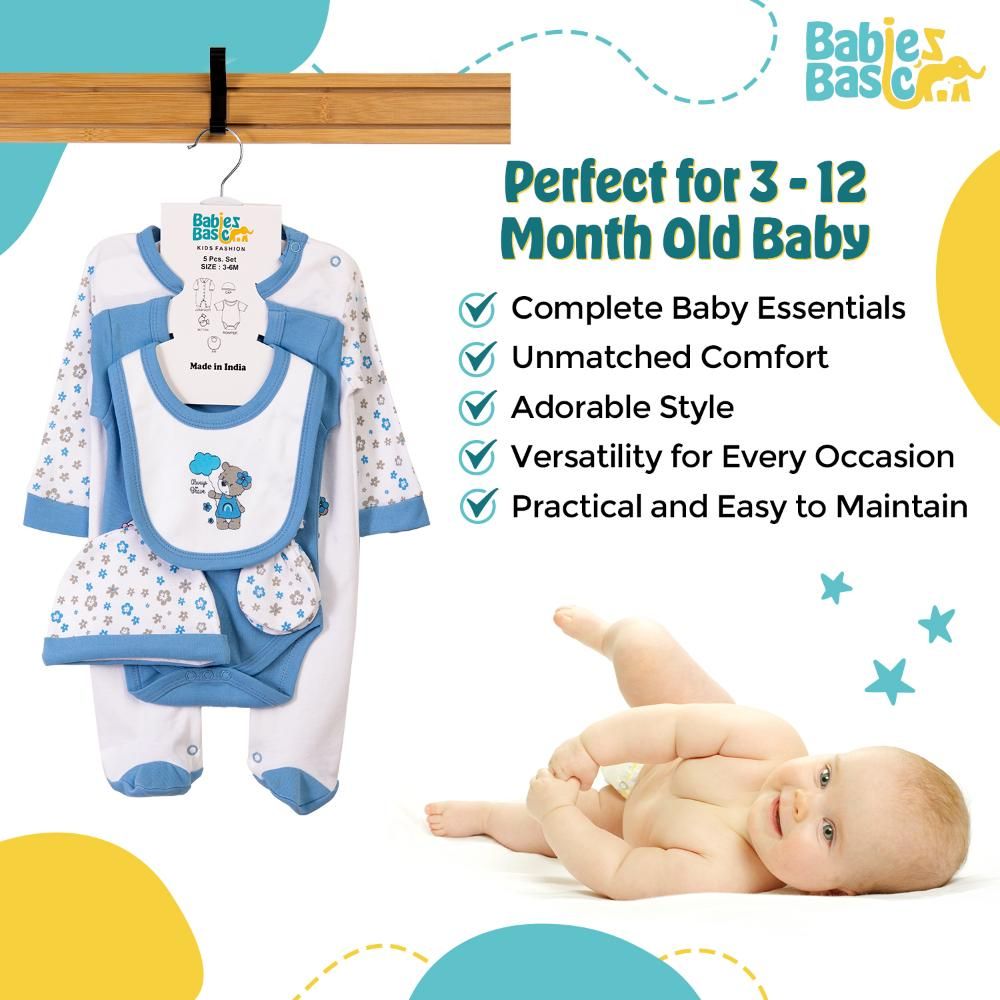 Babies Basic - 5pc Set - Bib, Romper, Mittens, Cap & Jumpsuit - Always Be Brave - Sky Blue