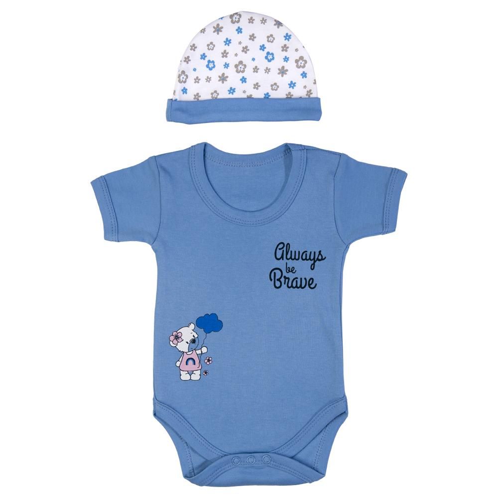 Babies Basic - 5pc Set - Bib, Romper, Mittens, Cap & Jumpsuit - Always Be Brave - Sky Blue