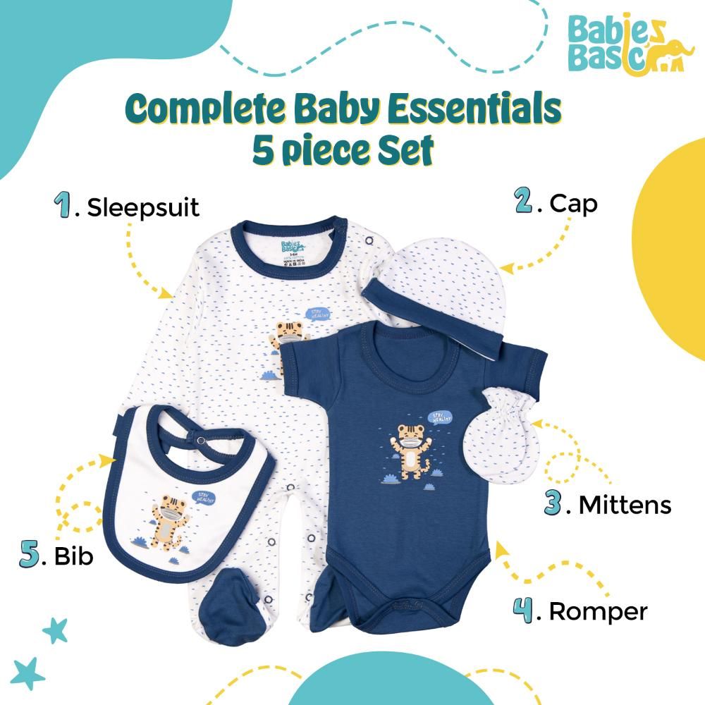 Babies Basic - 5pc Set - Bib, Romper, Mittens, Cap & Jumpsuit - Stay Healthly - Airforce Blue