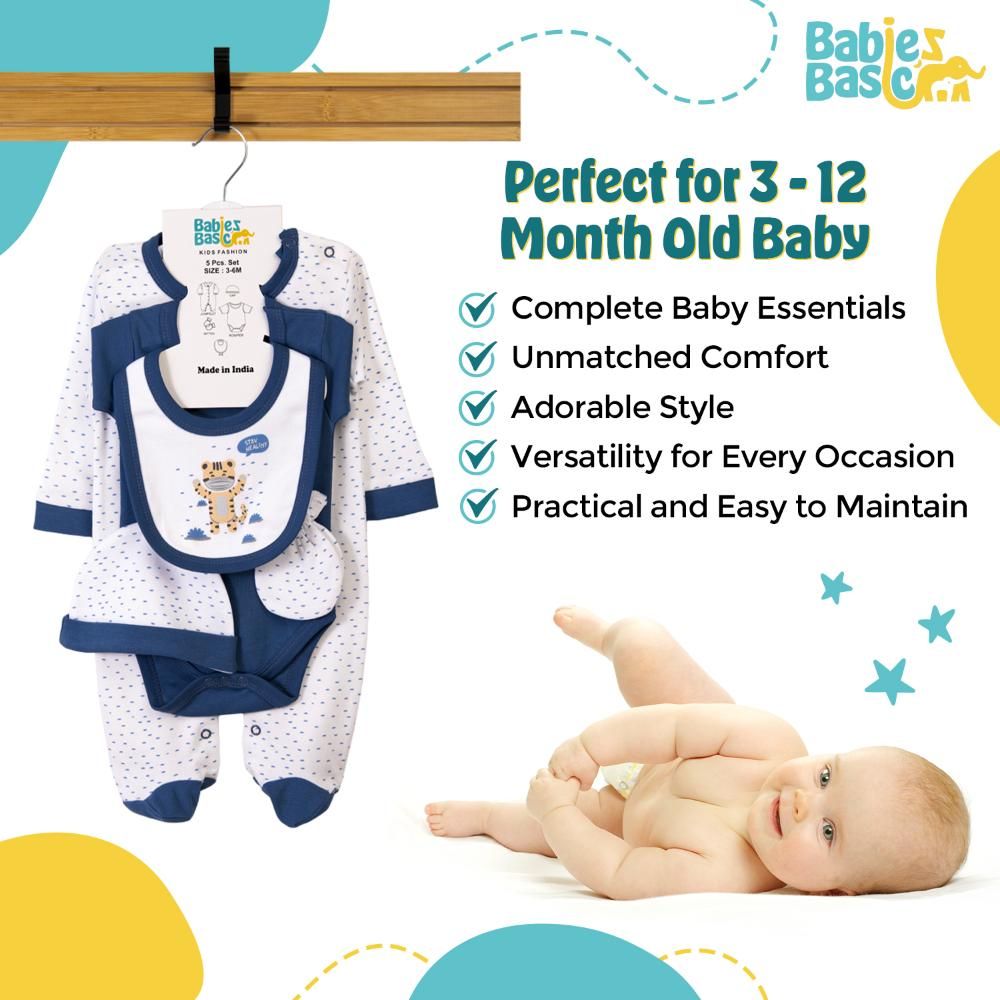 Babies Basic - 5pc Set - Bib, Romper, Mittens, Cap & Jumpsuit - Stay Healthly - Airforce Blue