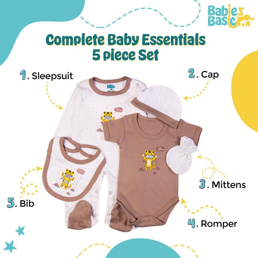 Babies Basic - 5pc Set - Bib, Romper, Mittens, Cap & Jumpsuit - Stay Healthly - Grey