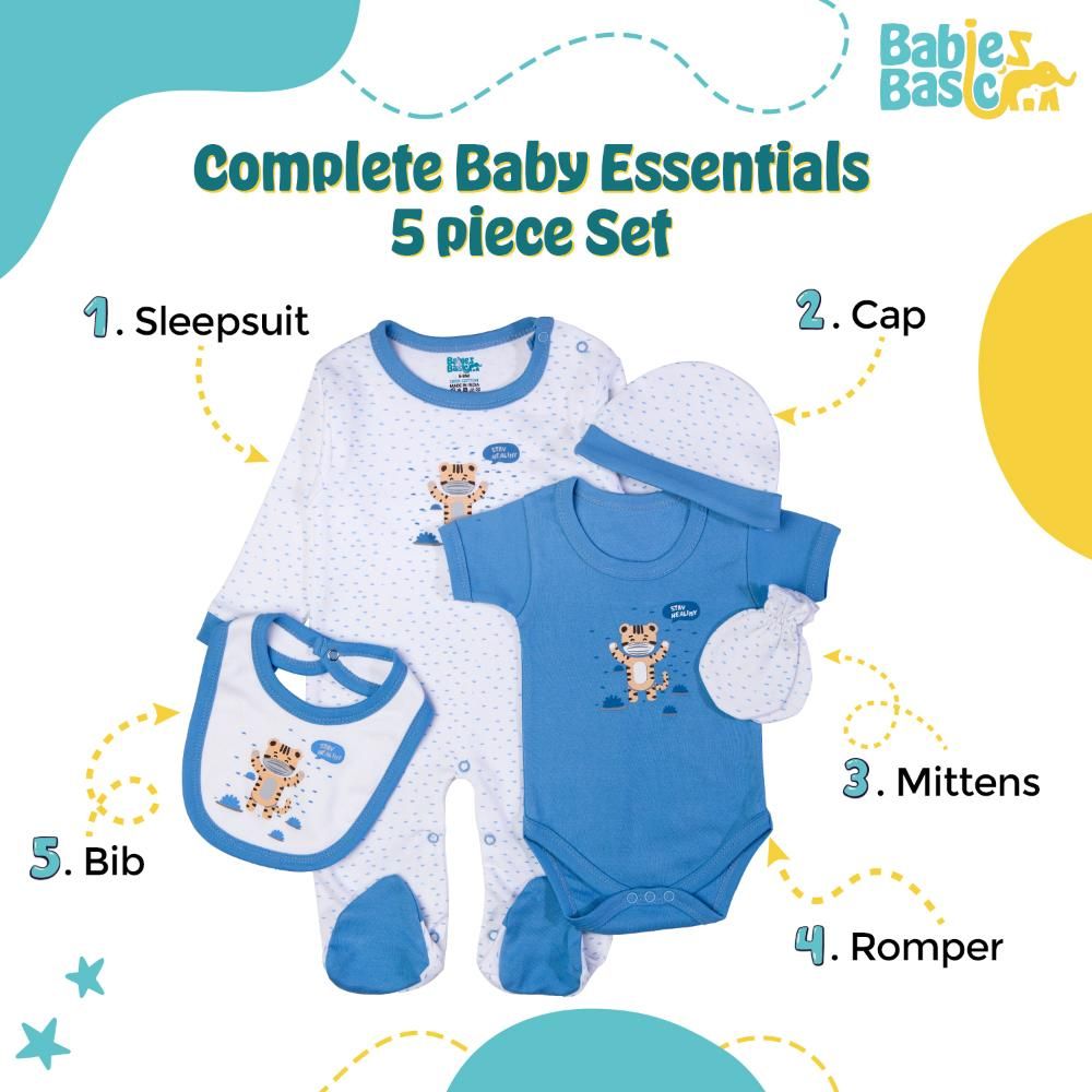 Babies Basic - 5pc Set - Bib, Romper, Mittens, Cap & Jumpsuit - Stay Healthly - Sky Blue