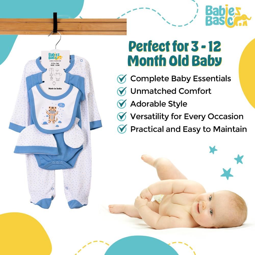 Babies Basic - 5pc Set - Bib, Romper, Mittens, Cap & Jumpsuit - Stay Healthly - Sky Blue