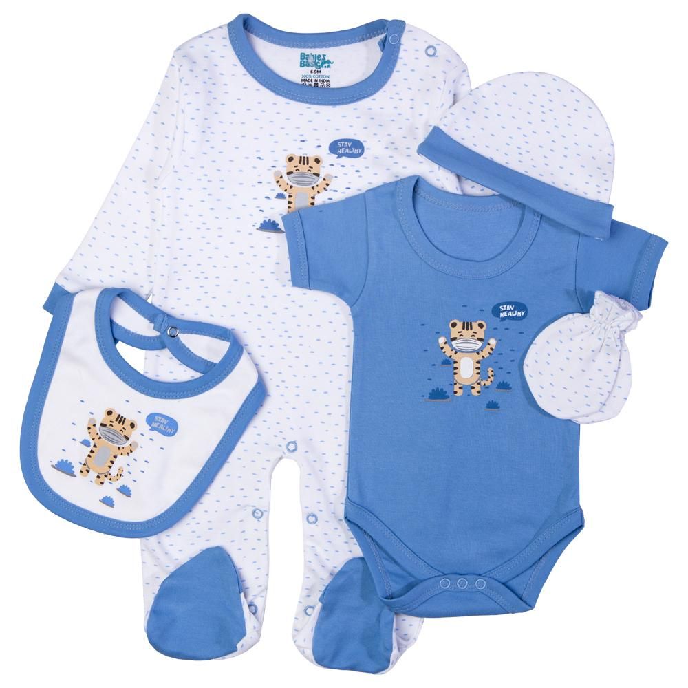 Babies Basic - 5pc Set - Bib, Romper, Mittens, Cap & Jumpsuit - Stay Healthly - Sky Blue