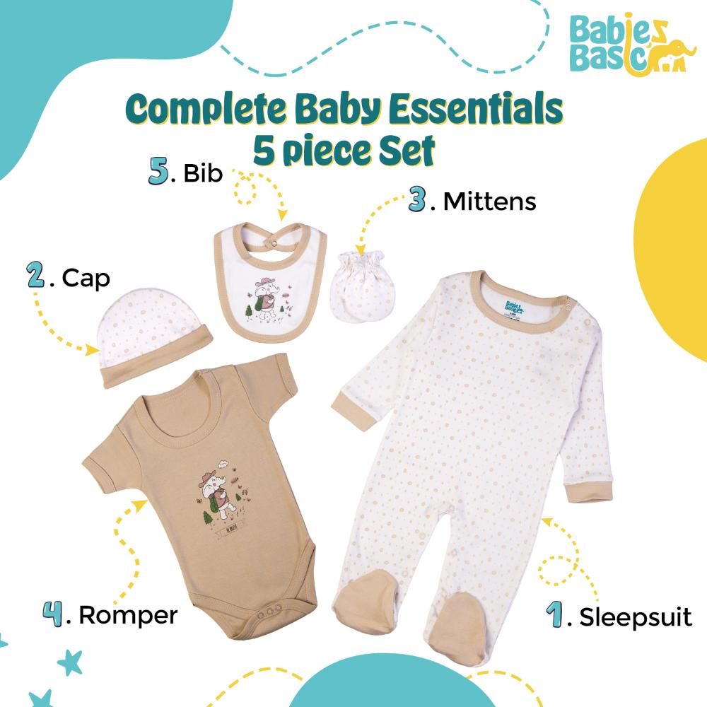 Babies Basic - 5pc Set - Bib, Romper, Mittens, Cap & Sleepsuit - Be Brave - Beige