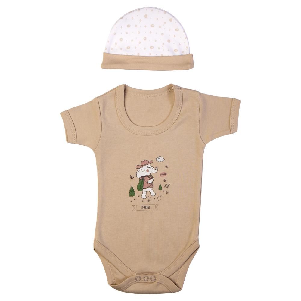 Babies Basic - 5pc Set - Bib, Romper, Mittens, Cap & Sleepsuit - Be Brave - Beige