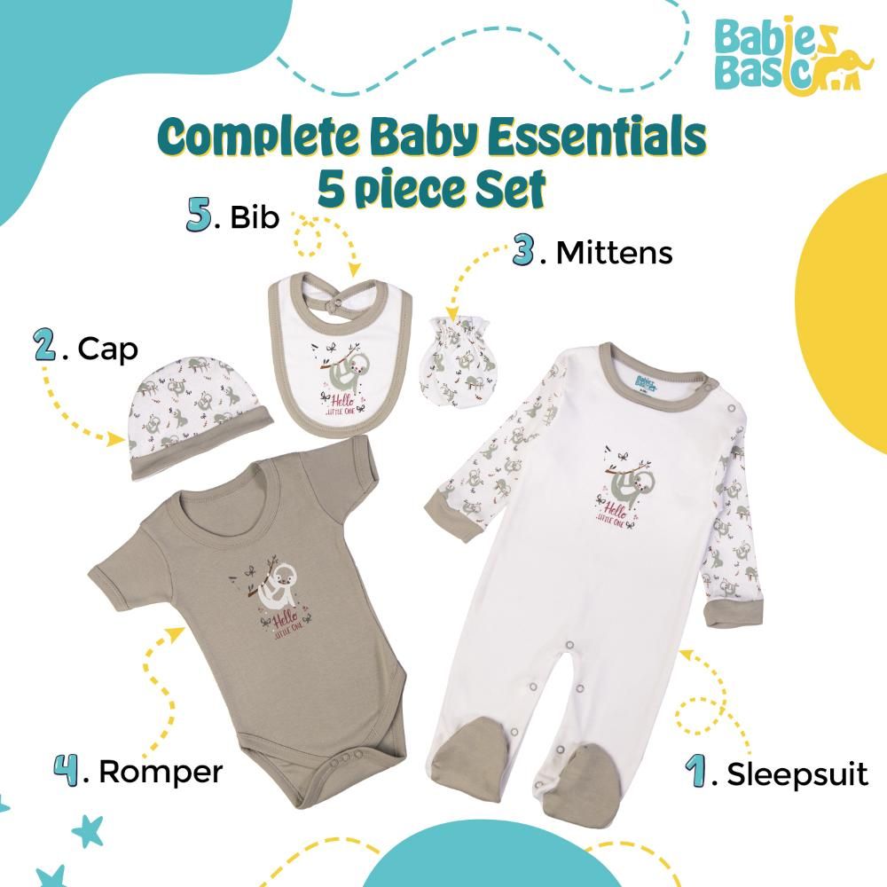 Babies Basic - 5pc Set - Bib, Romper, Mittens, Cap & Sleepsuit - Hello Little One - Grey