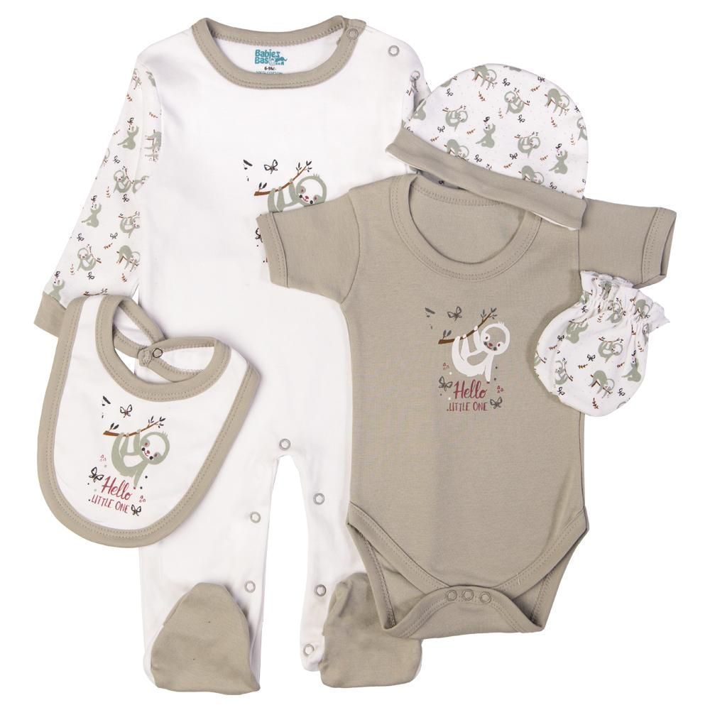 Babies Basic - 5pc Set - Bib, Romper, Mittens, Cap & Sleepsuit - Hello Little One - Grey