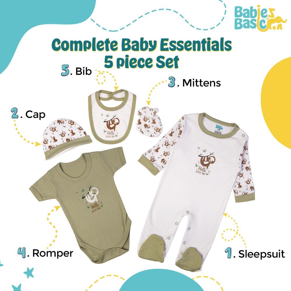 Babies Basic - 5pc Set - Bib, Romper, Mittens, Cap & Sleepsuit - Hello Little One - Pistachio