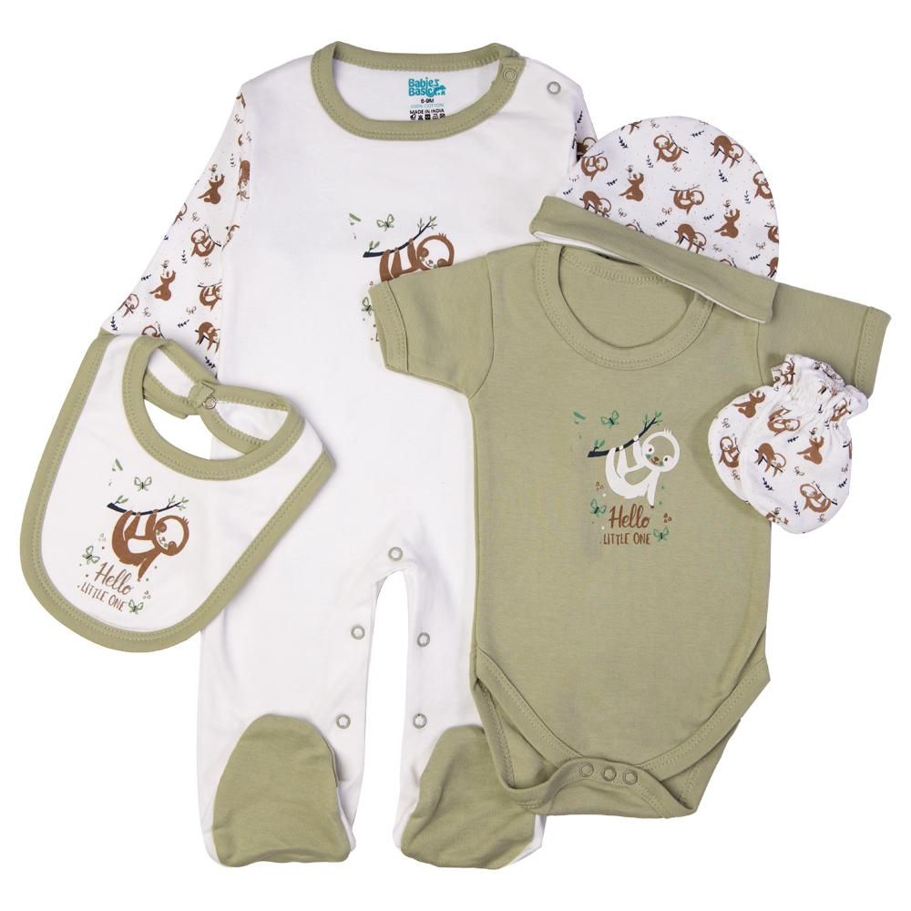 Babies Basic - 5pc Set - Bib, Romper, Mittens, Cap & Sleepsuit - Hello Little One - Pistachio