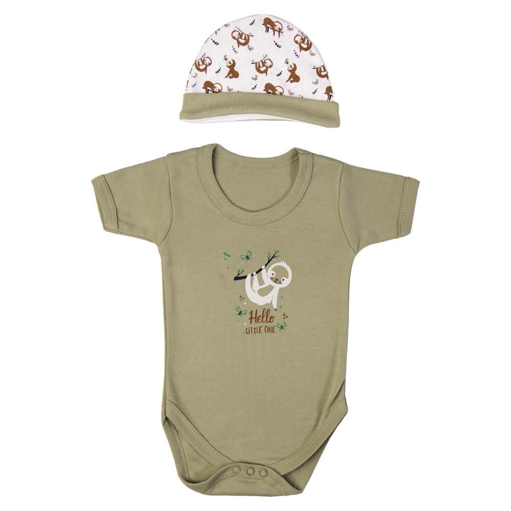 Babies Basic - 5pc Set - Bib, Romper, Mittens, Cap & Sleepsuit - Hello Little One - Pistachio