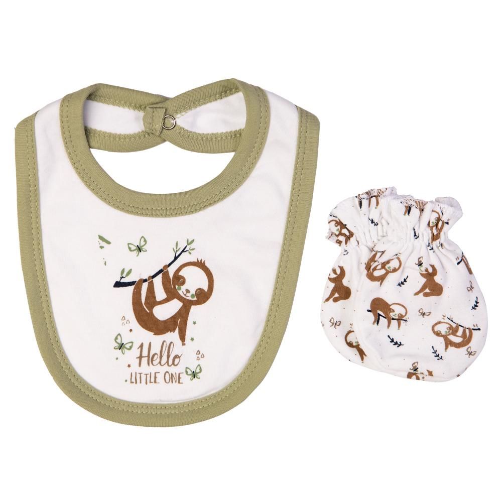 Babies Basic - 5pc Set - Bib, Romper, Mittens, Cap & Sleepsuit - Hello Little One - Pistachio