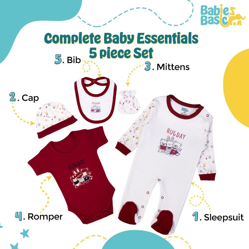 Babies Basic - 5pc Set - Bib, Romper, Mittens, Cap & Jumpsuit - Hug Day - Maroon