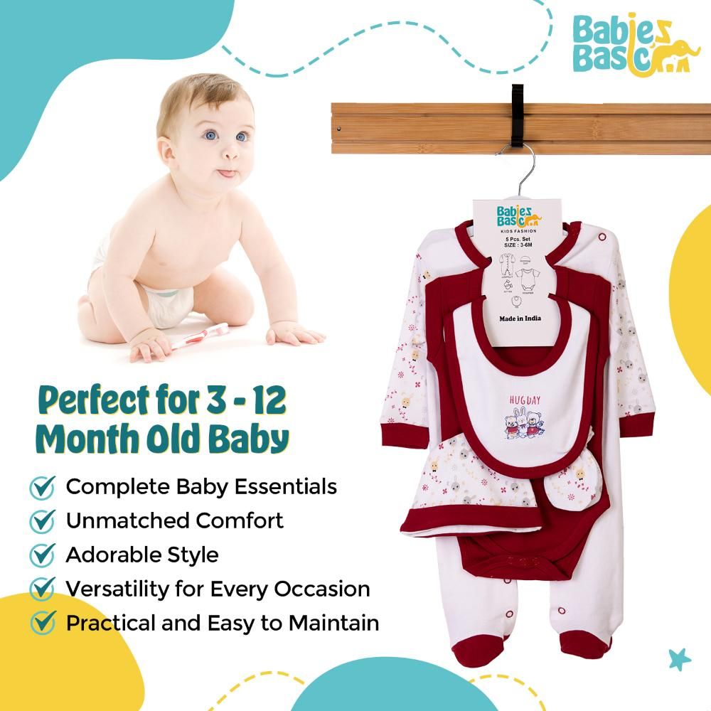 Babies Basic - 5pc Set - Bib, Romper, Mittens, Cap & Jumpsuit - Hug Day - Maroon