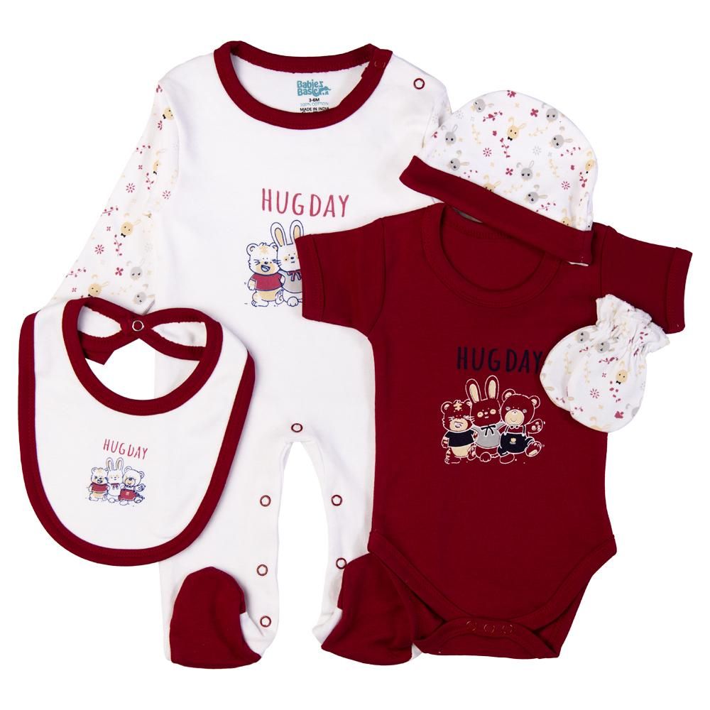 Babies Basic - 5pc Set - Bib, Romper, Mittens, Cap & Jumpsuit - Hug Day - Maroon