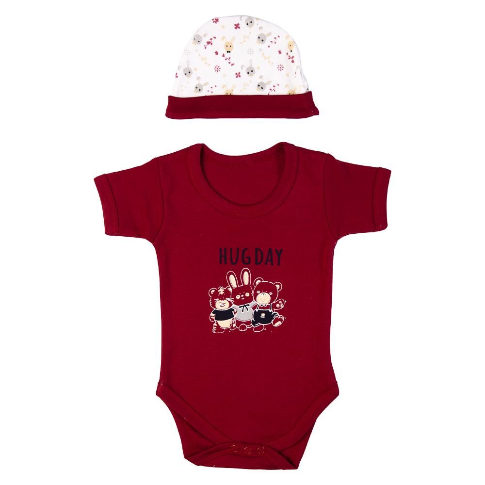 Babies Basic - 5pc Set - Bib, Romper, Mittens, Cap & Jumpsuit - Hug Day - Maroon