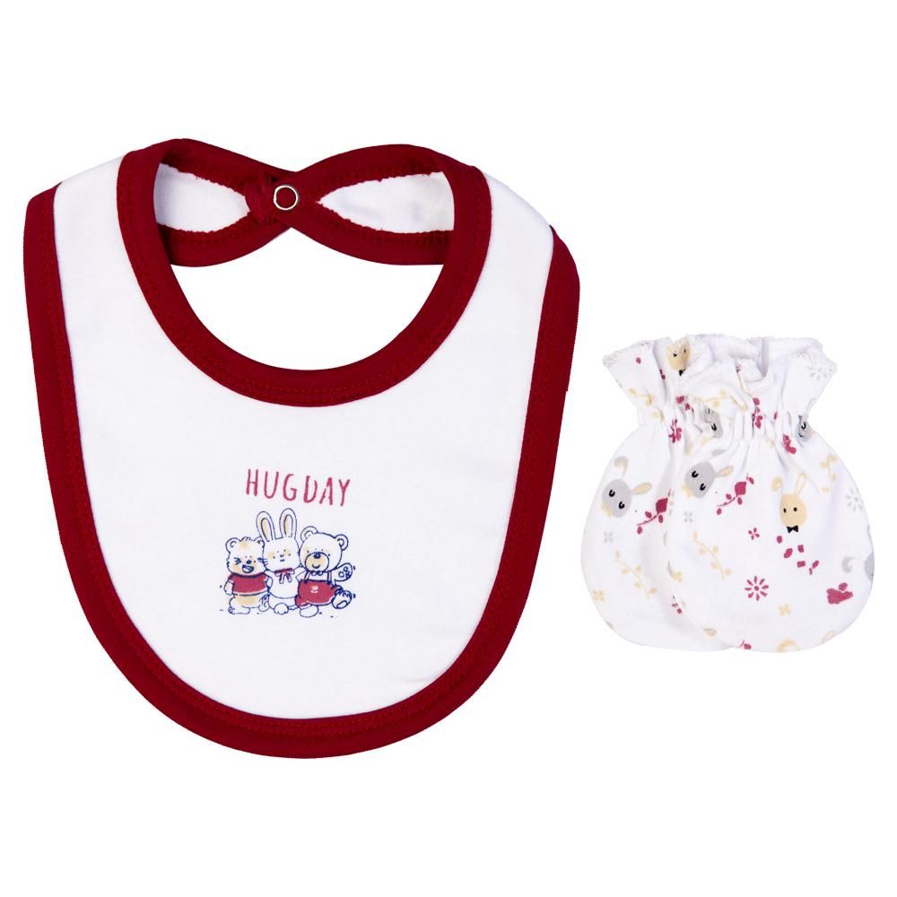 Babies Basic - 5pc Set - Bib, Romper, Mittens, Cap & Jumpsuit - Hug Day - Maroon