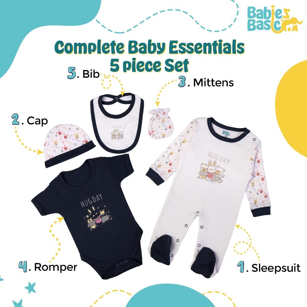 Babies Basic - 5pc Set - Bib, Romper, Mittens, Cap & Jumpsuit - Hug Day - Navy Blue