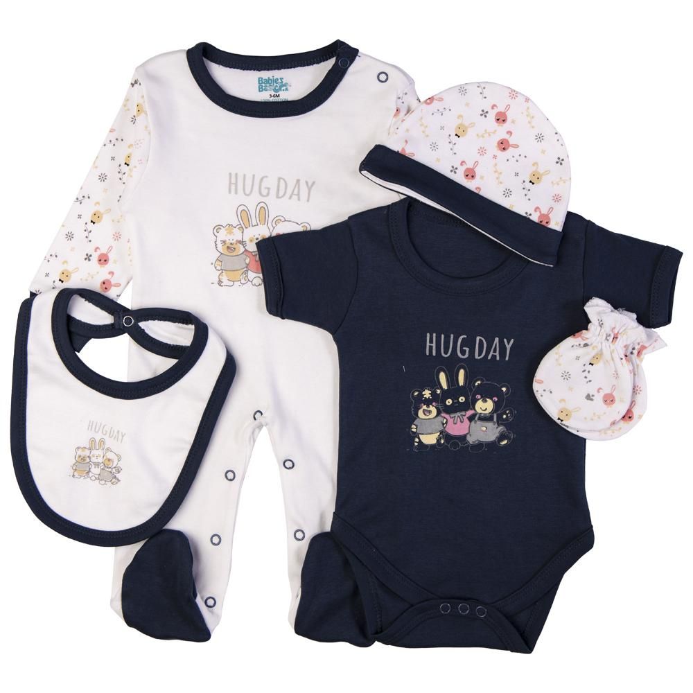 Babies Basic - 5pc Set - Bib, Romper, Mittens, Cap & Jumpsuit - Hug Day - Navy Blue