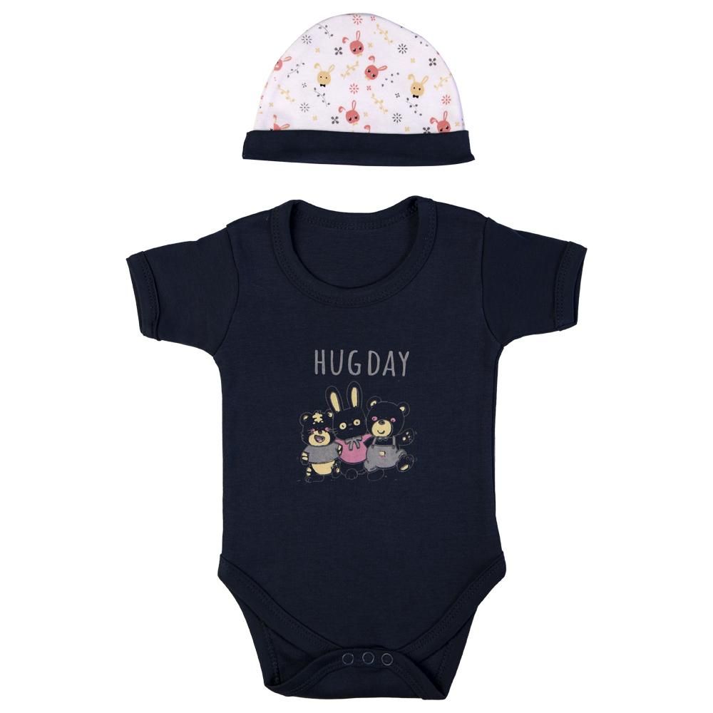 Babies Basic - 5pc Set - Bib, Romper, Mittens, Cap & Jumpsuit - Hug Day - Navy Blue