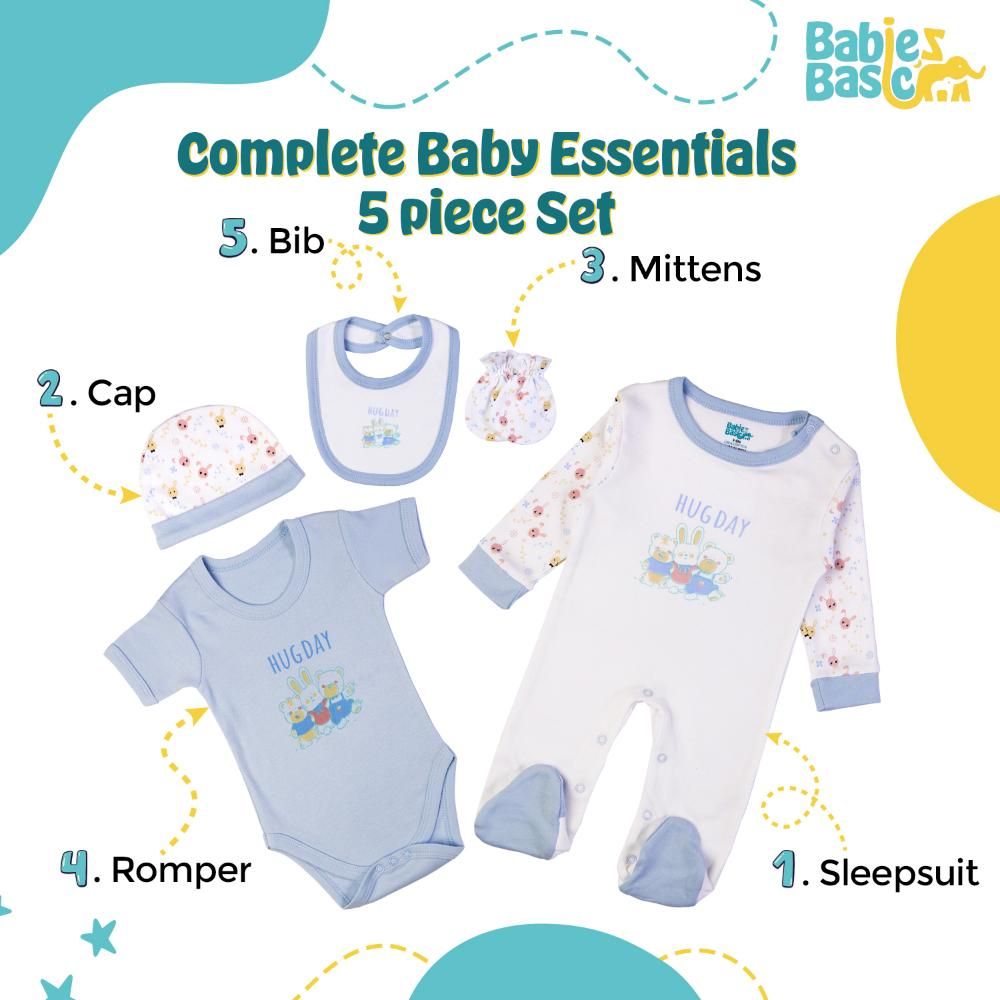 Babies Basic - 5pc Set - Bib, Romper, Mittens, Cap & Jumpsuit - Hug Day - Sky Blue