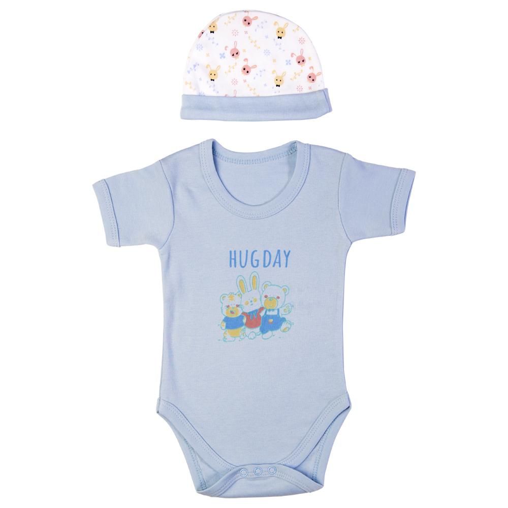 Babies Basic - 5pc Set - Bib, Romper, Mittens, Cap & Jumpsuit - Hug Day - Sky Blue