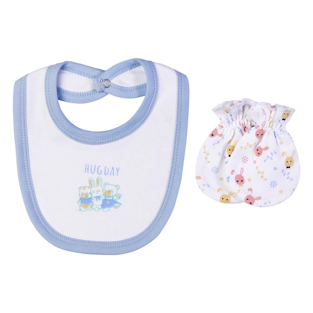 Babies Basic - 5pc Set - Bib, Romper, Mittens, Cap & Jumpsuit - Hug Day - Sky Blue