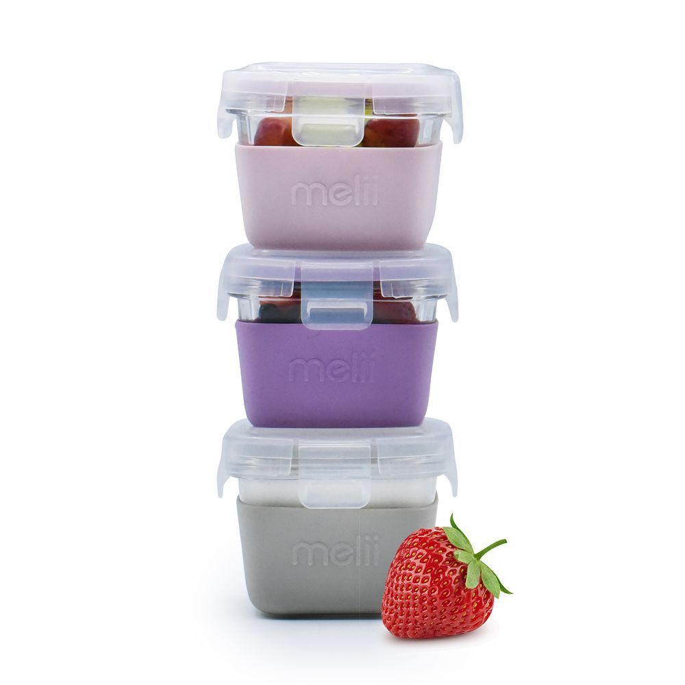 Melii - Glass Food Storage Containers With Silicone Sleeve - Pink/Purple/Grey - 3 Pcs - 160 ml