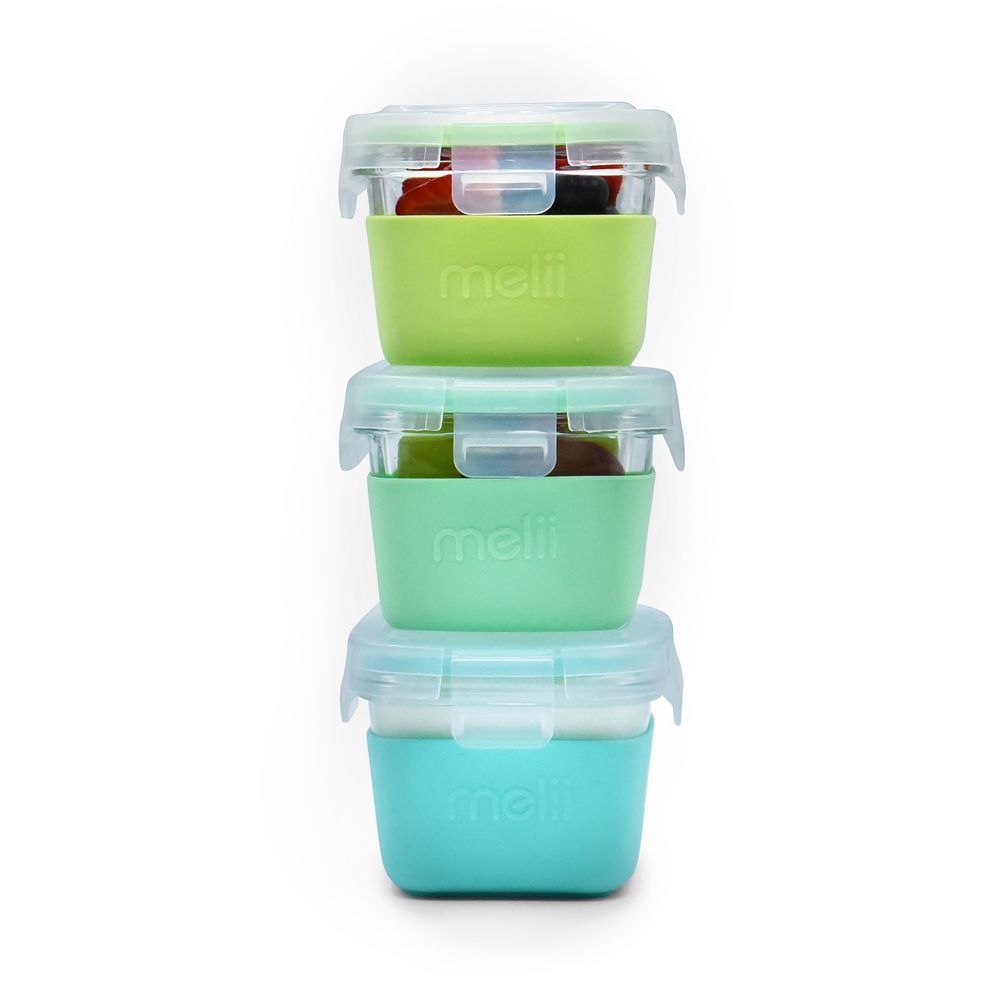 Melii - Glass Food Storage Containers With Silicone Sleeve - Green/Mint/Turquoise - 3 Pcs - 160 ml