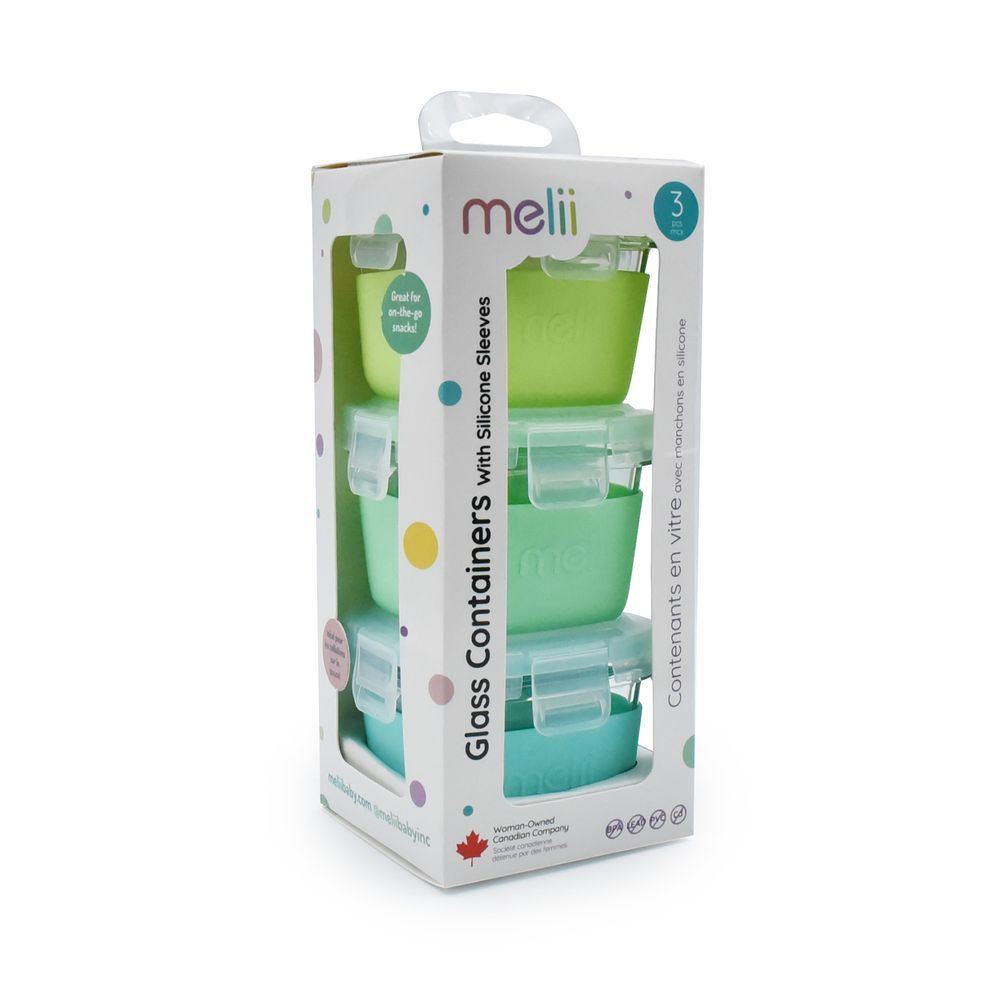 Melii - Glass Food Storage Containers With Silicone Sleeve - Green/Mint/Turquoise - 3 Pcs - 160 ml