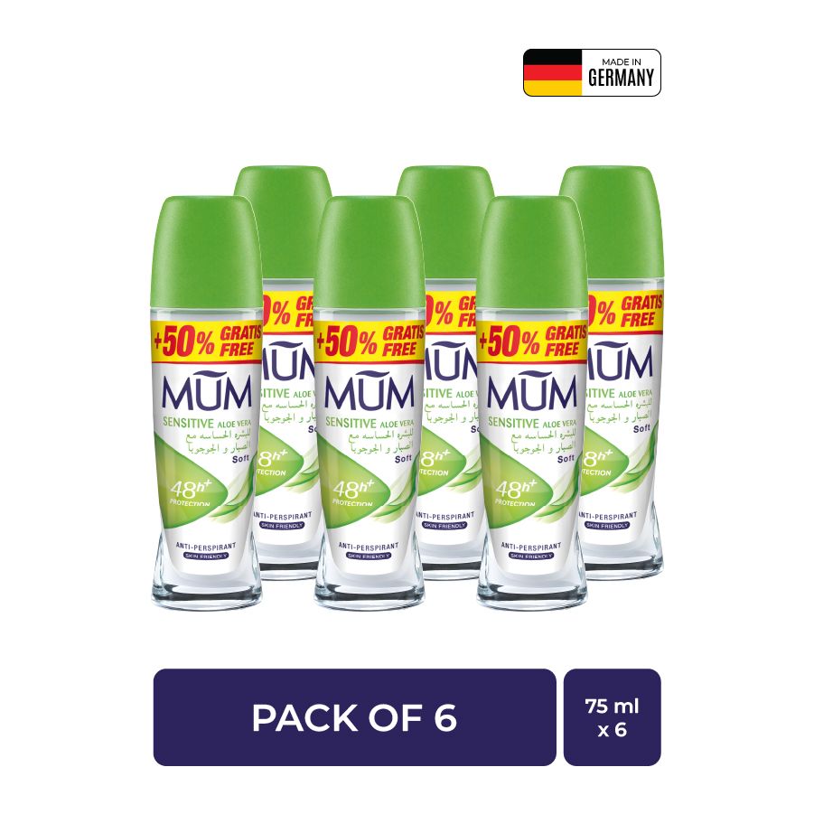 Mum - Deodorant Roll On Sensitive Aloe Vera Quick Drying Formula - Pack Of 6 - Each 75 ml