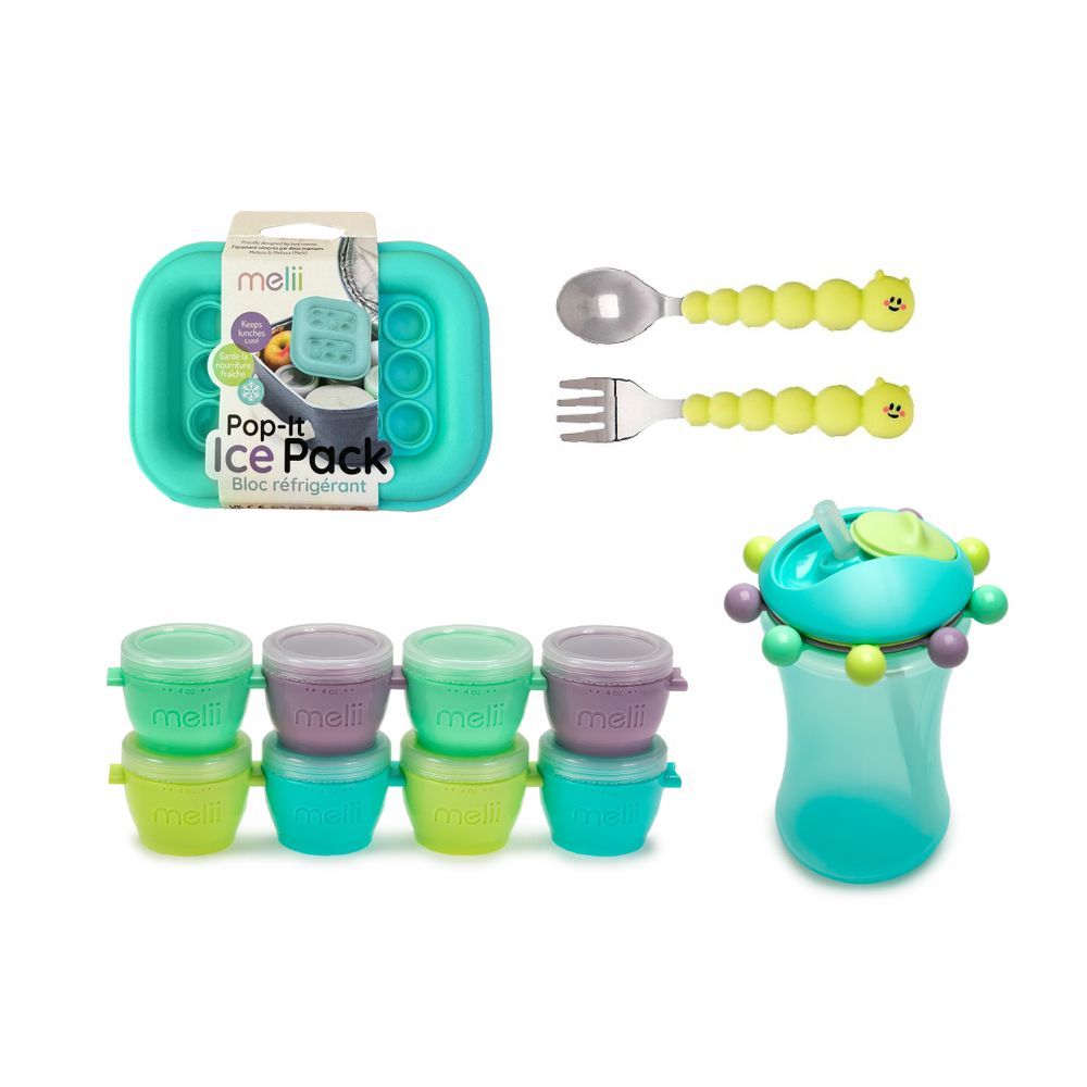 Melii - Snap & Go Pods Baby Food Storage Container 4 Oz 8pcs + Abacus Straw Sippy Cup 340ml + Silicone Caterpillar Spoon & Fork Set + Silicone Pop-It Ice Pack