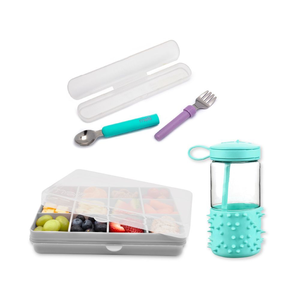 Melii - 3pc-Set - Snackle Food Container 4Oz + Water Bottle 17Oz + Detachable Spoon & Fork