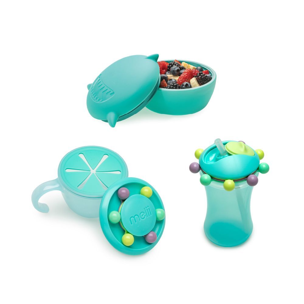 Melii  - Silicone Bowl W/ Lid 350ml + Abacus Snack Container W/ Finger Trap + Abacus Straw Sippy Cup 340ml - Turquoise