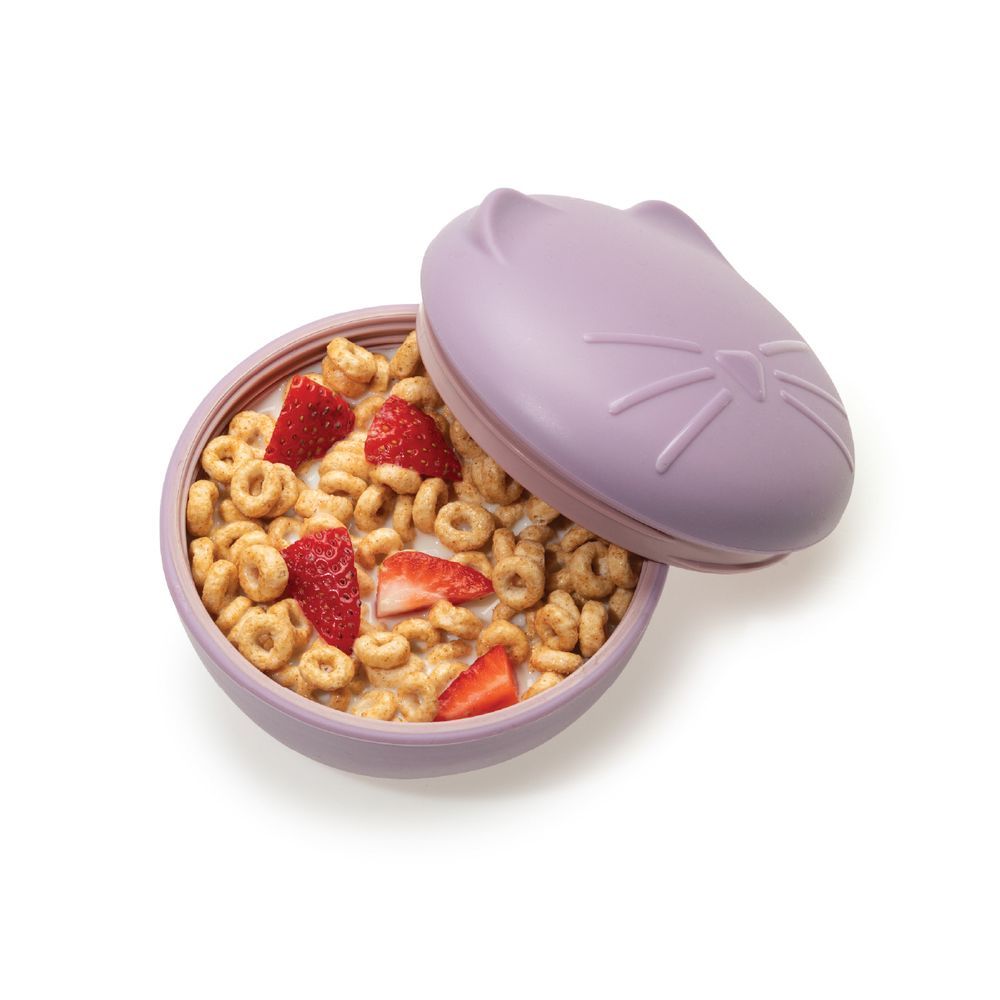 Melii - Silicone Bowl With Lid 350ml - Purple Cat + Abacus Snack Container Pink + Abacus Straw Sippy Cup 340ml - Pink