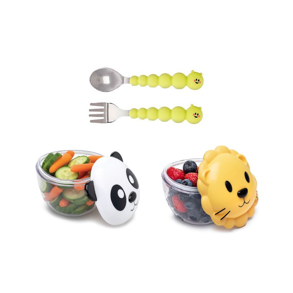 Melii - Snack Containers & Utensil Set - Lion & Panda + Silicone Caterpillar Spoon & Fork Set