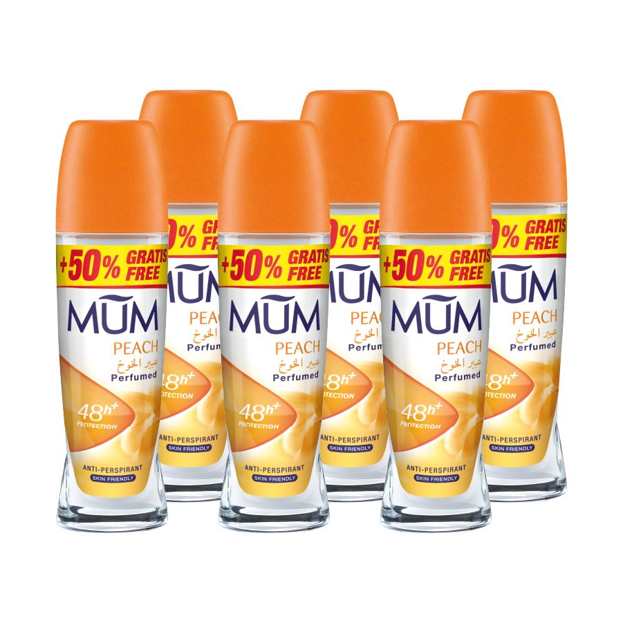 Mum - Deodorant Roll On Peach Quick Drying Formula - Pack Of 6 - Each 75 ml