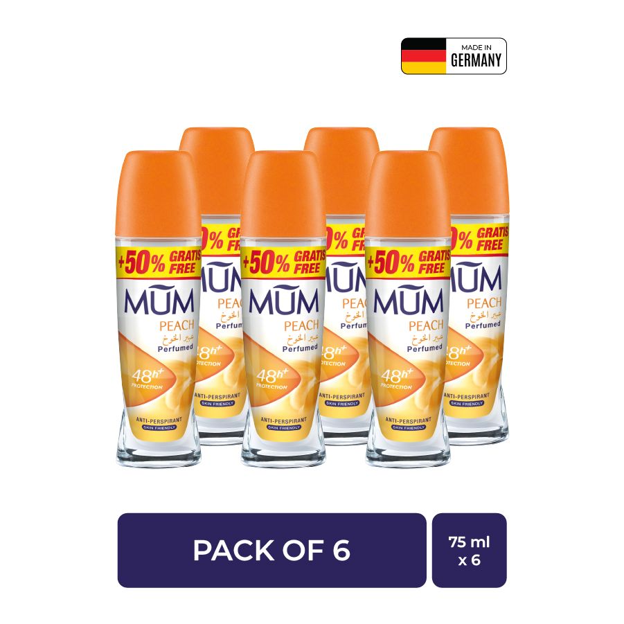 Mum - Deodorant Roll On Peach Quick Drying Formula - Pack Of 6 - Each 75 ml