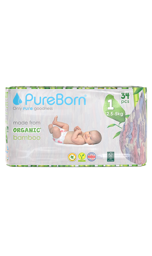 PureBorn - Organic Diapers Daisy - Size-1- 2.5-5 kg - 34 Pcs