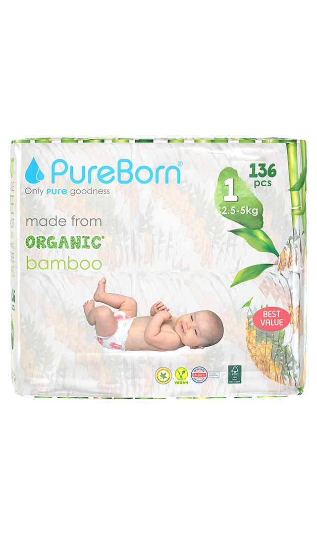 PureBorn - Organic Diapers Pineapple - Size-1- 2.5-5 kg - 136 Pcs