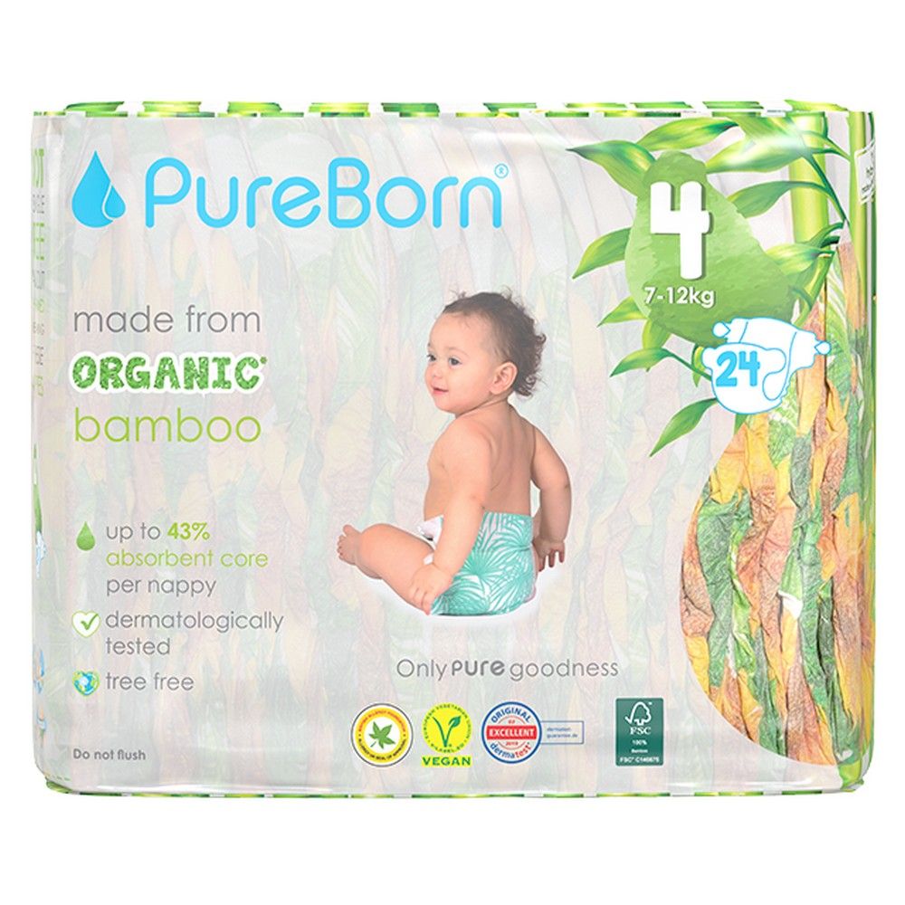 Pureborn - Size 4 Organic Diapers 7-12Kg 24s - Single Pack - Sunflower